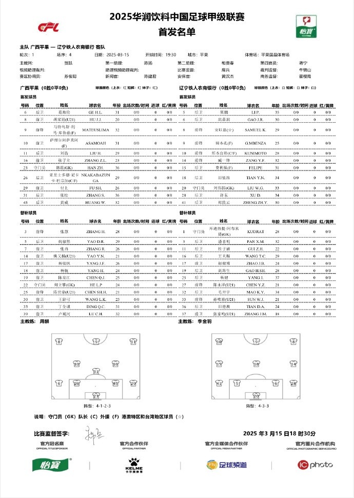 中甲-廣西平果vs遼寧鐵人首發(fā)：三外援對決三外援，安以恩出戰