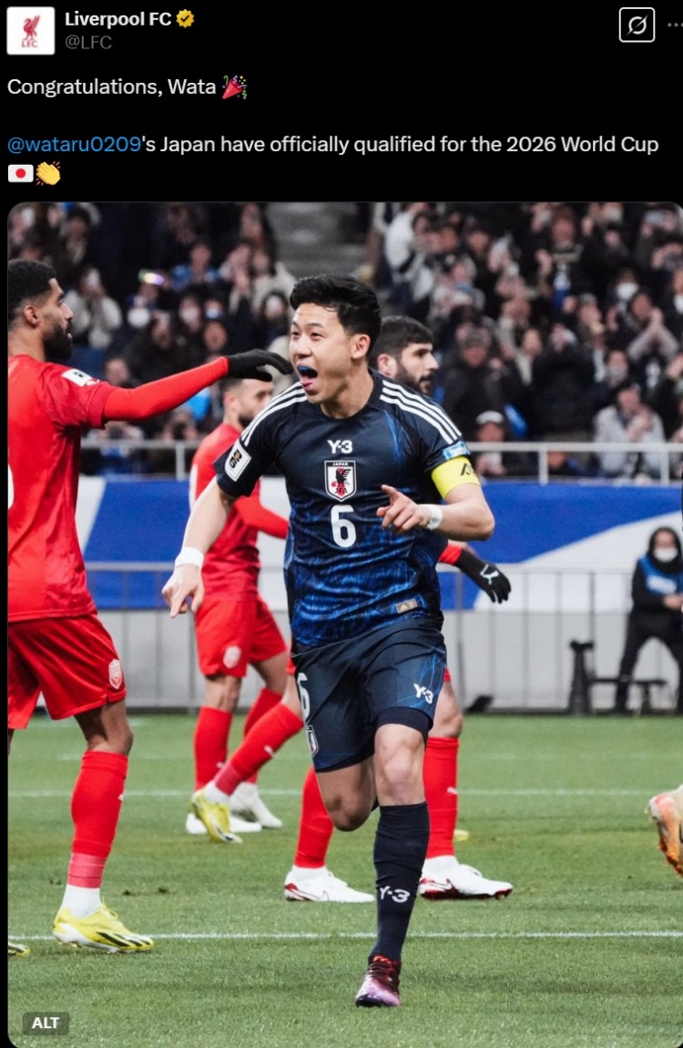 利物浦官推曬遠藤航照片，祝賀其隨日本隊提前晉級世界杯