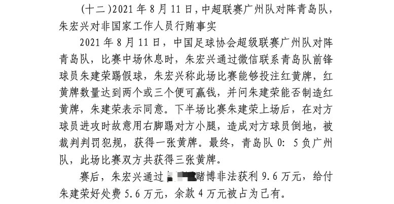 網(wǎng)傳判決書(shū)：青島球員朱建榮故意踢對方小腿，染黃收5.6萬(wàn)好處費
